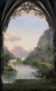 Ausblick Aus Einem Gotischen Portal Auf Eine Abendliche Landschaft