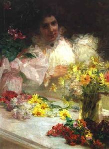 Junge Dame Beim Blumenarrangieren (selbstbildnis Der Kunsterlin?) by Charlotte Hampel