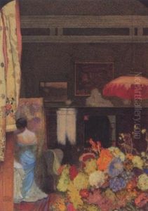 Interieur Mit Junger Frau Und Blumen Interieur Mit Junger Frau Und Blumen
