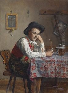 Der Pfeifenraucher (+ Die Briefleserin In Bauerlichem Interieur; Pair) by Hans Hamza