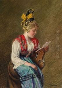 Madchen Mit Goldhaube Beim Brieflesen by Hans Hamza