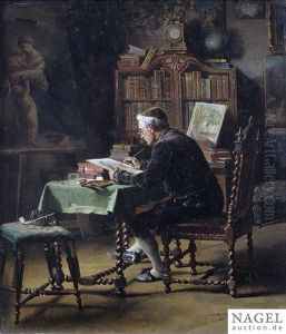 Interior Of A Parlour With A Gentleman Painting A Watercolour by Johann Hamza
