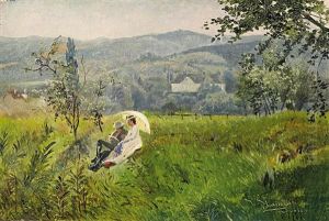 Sommerliche Landschaft Mit Rastendem Paar Sommerliche Landschaft Mit Rastendem Paar