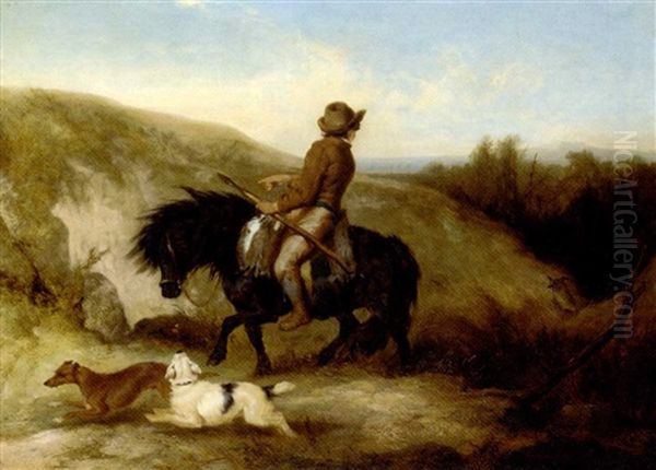 A Boy On A Shetland Pony, Holding A Spear, With Dogs In A Hilly Landscape - view 1