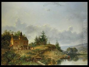 Landschaft Mit Gebaude Und Hugel Am Flussufer Mit Personenstaffage Und Kahn Landschaft Mit Gebaude Und Hugel Am Flussufer Mit Personenstaffage Und Kahn
