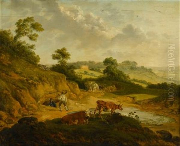 Extensive Landscape With Figures, Cattle, Horses And Donkeys by Thomas Hand