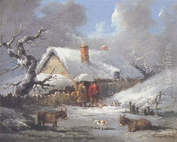 Cottagers And Donkeys In Winter - view 1