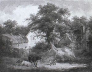 Cattle And A Dog By A Homestead Cattle And A Dog By A Homestead
