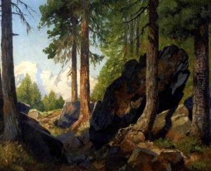 Felsiger Hochwald Mit Blick Auf Schneebedeckte Berge by Eduard Freiherr von Handel-Mazetti