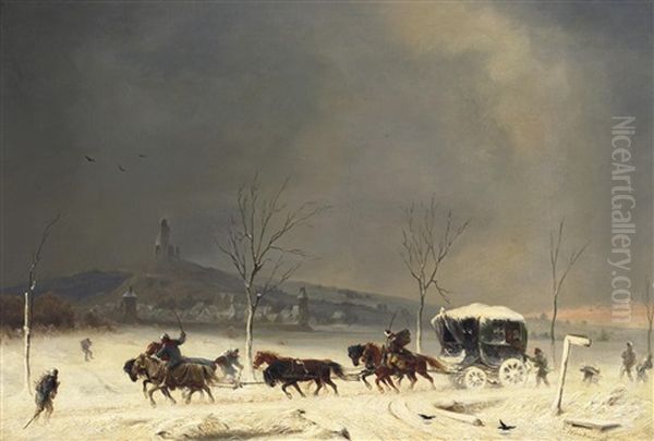 Postkutsche Im Wintersturm Auf Der Landstrase - view 1