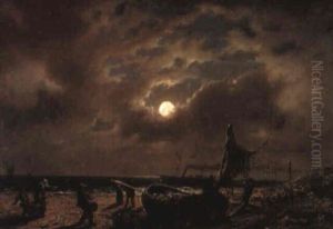 Im Mondschein Beladen Fischerfamilien Das Boot by Johann Jakob Eduard Handwerk