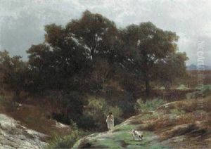 A Shepherd On A Sunlit Heath, Barbizon (?) by Louwrens Hanedoes