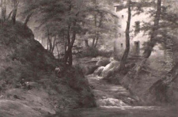 Children Meandering Near A Brook In A Lush Landscape - view 1