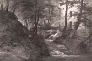 Children Meandering Near A Brook In A Lush Landscape by Louwrens Hanedoes