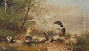 2 Gemalde: Huhnerhof Am Dorfrand. Zwei Entenpaare Am Weiher by Max Josef Haenger Sr.