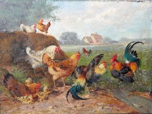 Study Of Chickens In Landscapes, A Pair by Max Josef Haenger Sr.