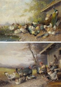Gegenstucke: Huhnerhofszenen by Max Josef Haenger Sr.