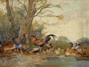 Huhner Und Enten Am Teich - Geflugelhof Mit Pfau (2 Works) by Max Josef Haenger Sr.