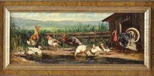 Huhner Und Enten Am Teich by Max Josef Haenger Sr.