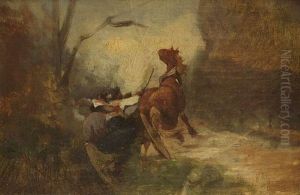 Huhnerhof Mit Hahn, Hennen Und Enten In Dorflandschaft Mit Teich by Max Josef Haenger Sr.