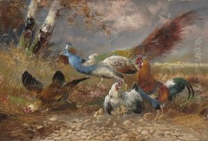 Huhnerhof (+ Huhner Mit Pfau; Pair) by Max Josef Haenger Sr.