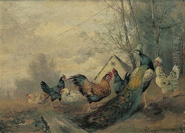 Huhnerschar Mit Hahn Und Pfau - view 1