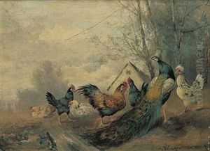 Huhnerschar Mit Hahn Und Pfau by Max Josef Haenger Sr.