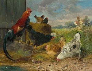 Courtyard - Rooster And Hens by Max Josef Haenger Sr.