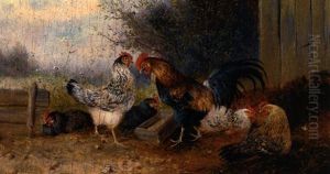 Hahn Mit Funf Hennen Im Huhnerhof by Max Josef Haenger Sr.