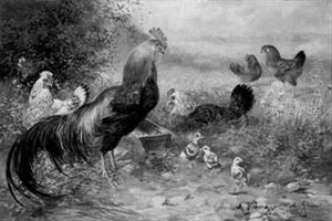 Hahn, Huhner Und Kuken Am Trog by Max Josef Haenger Sr.