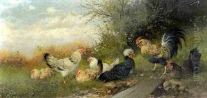 Hahn Mit Sechs Huhnern Am Waldrand by Max Josef Haenger Sr.