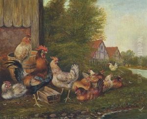 Hahn Und Huhner Vor Dem Stall by Max Josef Haenger Sr.