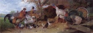 Hahn, Huhner, Kuken Und Truthahnpaar Vor Einem Stallgebaude by Max Josef Haenger Sr.
