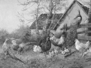 Huhnerhof Mit Pfau Vor Einem Bauernhaus by Max Josef Haenger Sr.