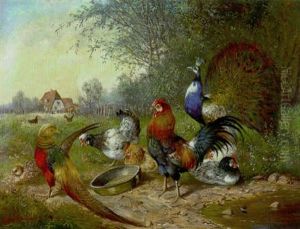 Pfau, Hahn, Huhner Und Kuken Am Futternapf by Max Josef Haenger Sr.