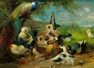 A Peacock With Hens, Ducks And Geese by Max Josef Haenger Sr.