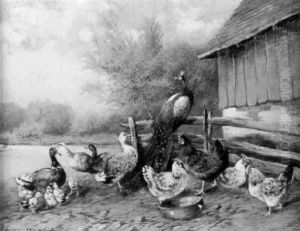 Huhner Und Enten An Einem Weiher by Max Josef Haenger Sr.