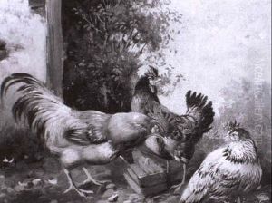 Hahn Und Zwei H_hner Am Futtertrog Vor Dem Stall by Max Josef Haenger Sr.