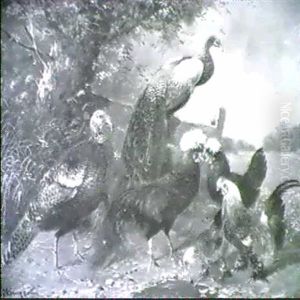 Pfau, Truthahn Und Huhner Vor Zaun Und Wiese by Max Josef Haenger Sr.