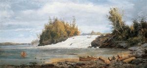 Riverscape With Canoeists By A Rapid