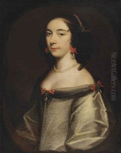 Portrait Of A Lady, Half-length, In A White Silk Dress, Adorned With Red Bows And Pearls, Pearl Earrings And A Pearl Necklace, In A Painted Cartouche by Adriaen Hanneman