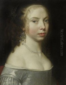 Portrait Of A Lady In A Blue Silk Dress, With A Pearl Necklace