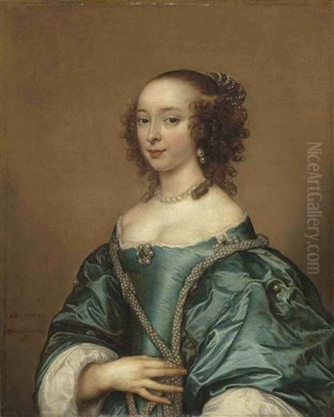 Portrait Of A Lady In A Blue Dress With Pearls - view 1