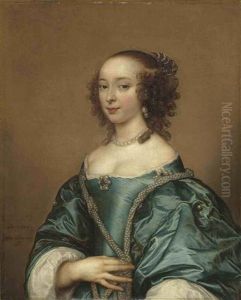 Portrait Of A Lady In A Blue Dress With Pearls by Adriaen Hanneman