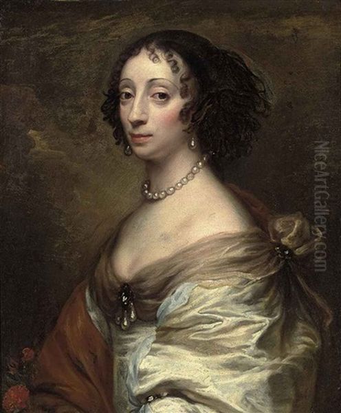 Portrait Of A Lady In A White Satin Dress, With A Broach And Pearls, A Red Flower In The Foreground - view 1
