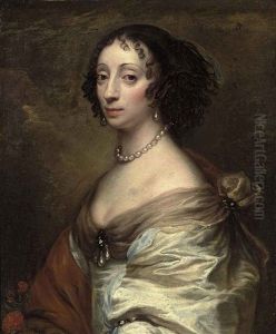 Portrait Of A Lady In A White Satin Dress, With A Broach And Pearls, A Red Flower In The Foreground