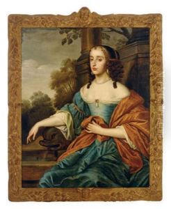 Portrait Of A Lady Wearing A Blue Dress, Seated In A Landscape by Adriaen Hanneman