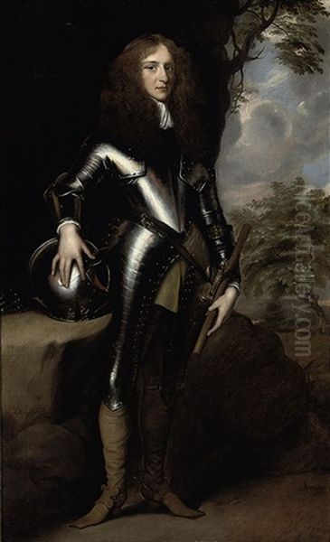 Portrait Of A Gentleman In Armor, His Right Hand Resting On A Helmet, His Left Holding A Baton, In A Landscape - view 1