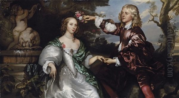 Portrait Of A Lady And Gentleman (charles, Lord Herbert And His Wife, Mary?) By A Sculptural Fountain - view 1