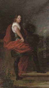 Portrait Of A Gentleman In Armour And A Red Sash, A Sword In His Right Hand, His Helmet Beside Him by Adriaen Hanneman
